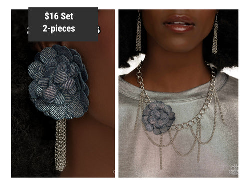 Paparazzi ♥ Deconstructed Denim Necklace & Dauntless Denim Post Earrings - Blue Set♥ S129