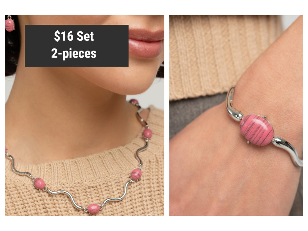 Paparazzi ♥ Striped Season Necklace & Striped Sensation Bracelets - Pink ♥ S131