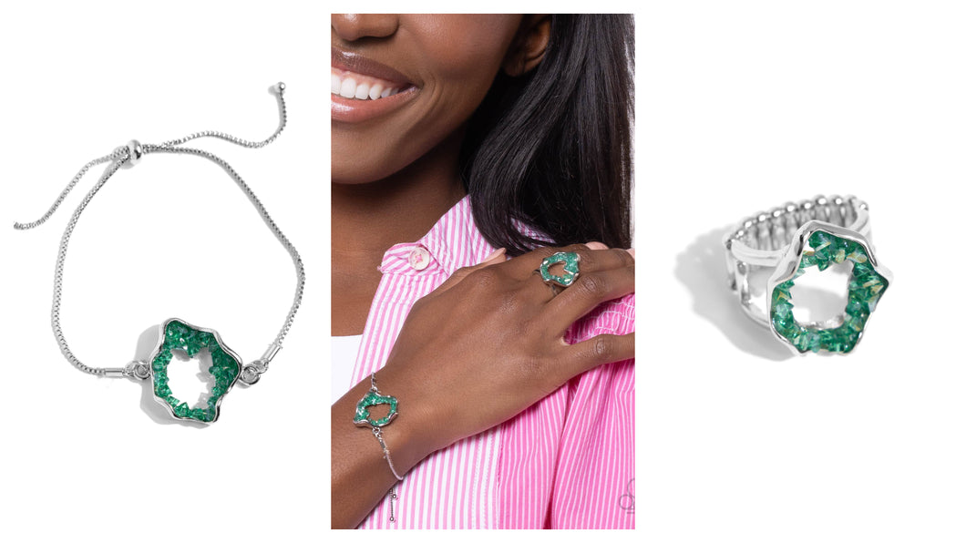 Paparazzi ♥ Geode Greeting Bracelet & Geode Grace Ring - Green Set ♥ 2-Piece Set S137