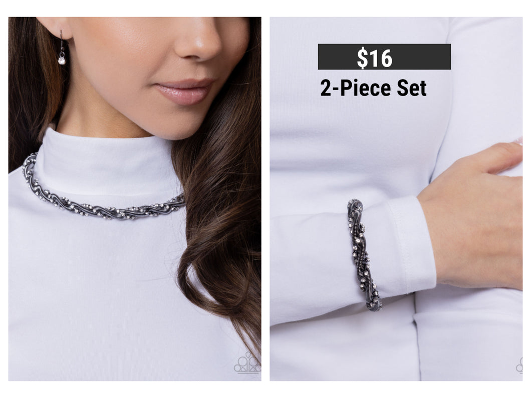 Paparazzi ♥ Candid Coils Necklace & Coiled Champion Bracelet - Black Set ♥ S161