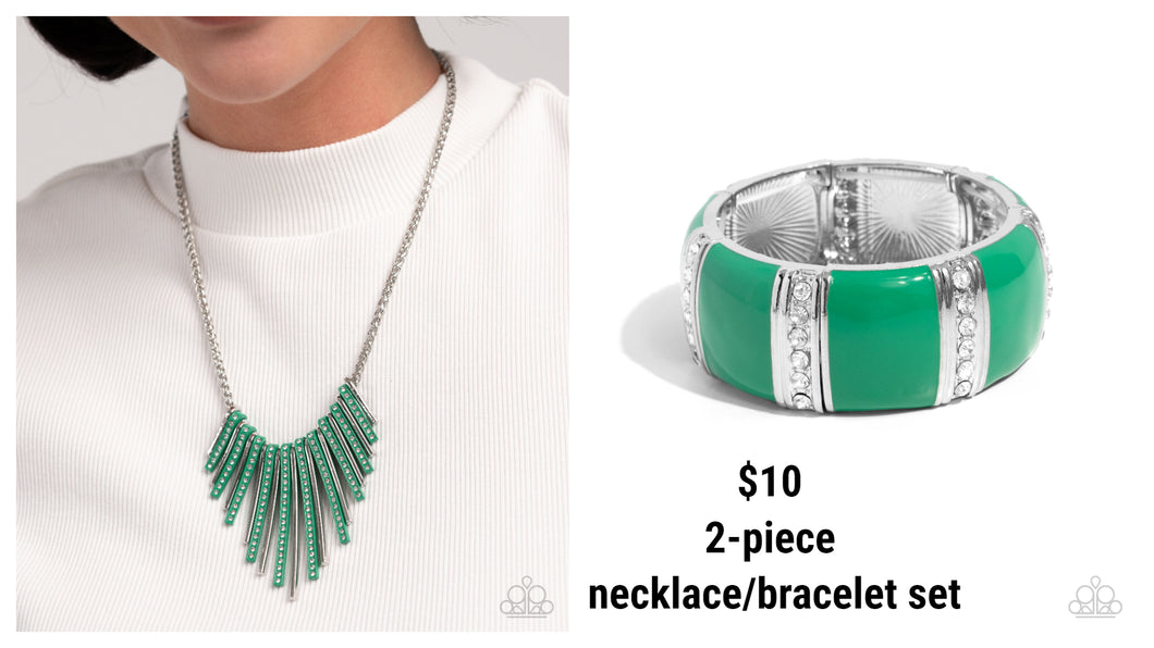 Paparazzi ♥ Fashionable Fringe Necklace & Colored Cameo Bracelet - Green 2-Piece Set ♥ S165