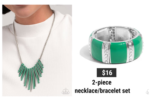 Paparazzi ♥ Fashionable Fringe Necklace & Colored Cameo Bracelet - Green 2-Piece Set ♥ S165