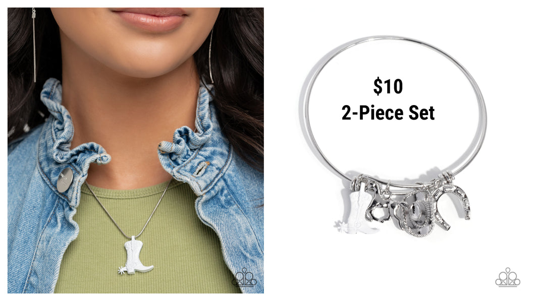 Paparazzi ♥ Boot Scootin' Bravado Necklace & Western Waltz Bracelet - White ♥ 2-Piece Set S177